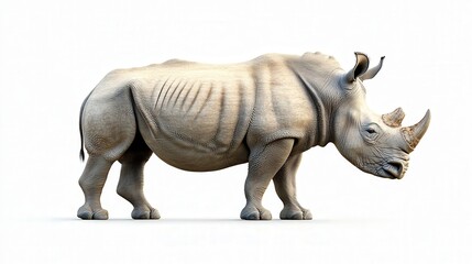Fototapeta premium Side profile of a majestic rhinoceros isolated against a white background.