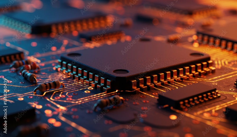 Poster close-up of microchip on circuit board. colors blend in digital environment showcasing innovation an