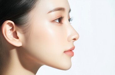Obraz premium Close-up of a beautiful Asian woman with clear skin, against a white background, in profile. The image showcases the skin texture, with minimal makeup, in a minimalistic style. The lighting is soft,
