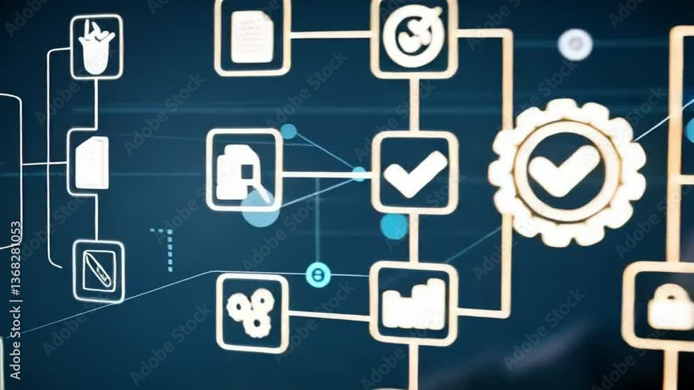 Poster Hand interacting with digital interface displaying icons and connecting lines on a blue background