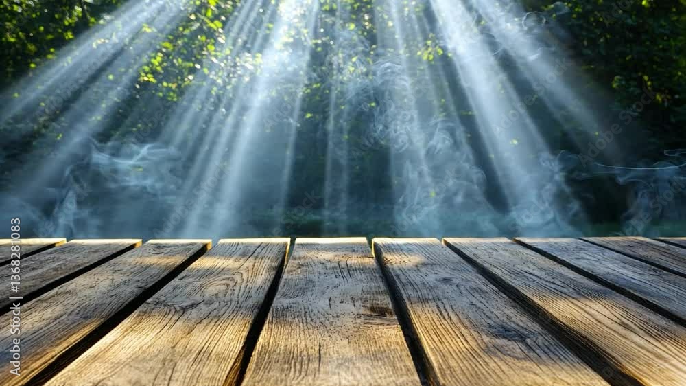 Poster sunlight beams filtering through tree canopy onto wooden floor in enchanted forest setting