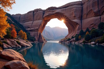 Majestic Rock Arch Over Sapphire Lake Amidst Autumn&rsquo;s Splendor