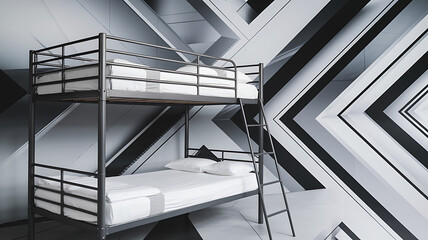 Modern bunk bed in a geometrically patterned room Minimalist clean design
