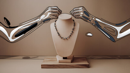 A jewelry display mannequin with a necklace stylized with abstract hands reaching for it