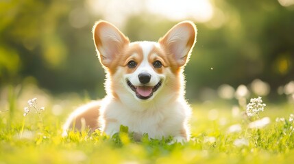 Cute fluffy corgi puppy playing joyfully in a sunny meadow surrounded by lush green grass and colorful flowers
