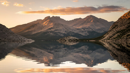 Serene mountain lake at sunrise reflecting peaks