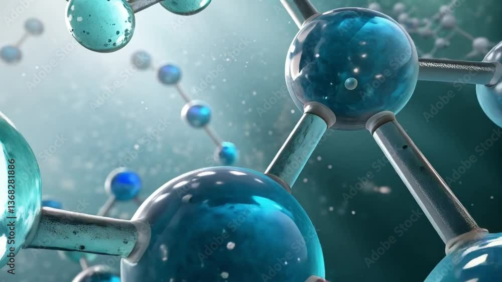 Poster a close up view of a molecule structure with blue spheres and connecting rods on a light background