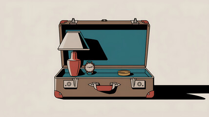 Vintage suitcase with a lamp watch and small object stylized illustration