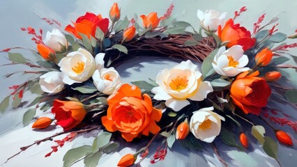 Colorful floral wreath adorned with vibrant roses and blossoms for a joyful spring celebration
