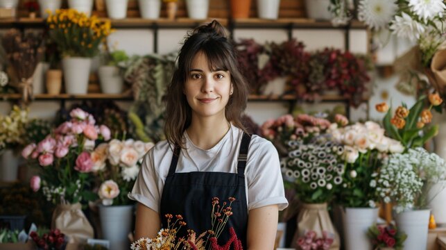In a flower shop, a young female florist holds a bouquet of flowers and smiles