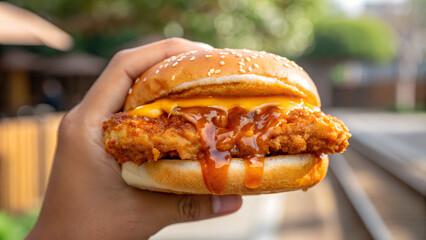 Hot Honey Chicken Sandwich held in hand with melted cheese and spicy sauce, street food style, handheld indulgent fast food, vibrant outdoor scene, advertising and editorial use