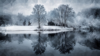 Winter landscape with snow-covered trees reflected in a still pond stylized in a low-poly graphic design