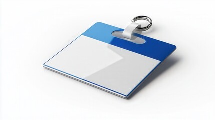 Blank ID badge with a blue header and metal ring clip on white background.