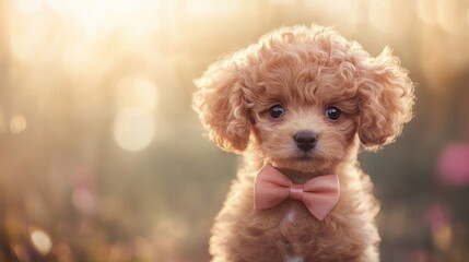 Dapper tiny poodle puppy with curly fur wearing a cute bow tie and capturing attention with its charming look
