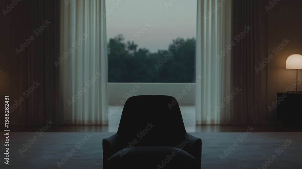 Poster serene interior: an inviting, low-lit room with an open window framed by elegant curtains. focus on 