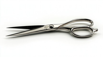 Obraz premium Sleek metallic scissors with sharp blades on a plain white background.