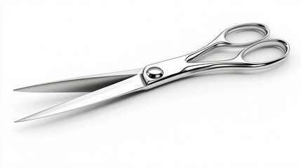Obraz premium A shiny pair of stainless steel scissors with sharp blades on a white background.