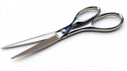Fototapeta premium Close-up of sleek, shiny stainless steel scissors on a white background.