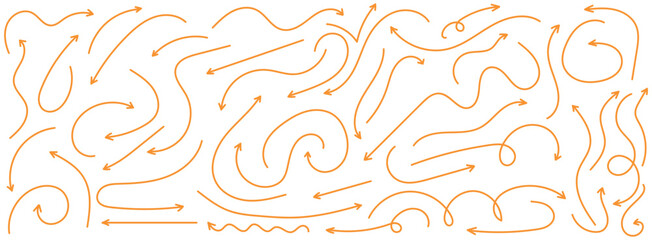 Hand drawn curved, doodle, and zigzag dotted arrow collection. Simple directional lines in orange color. Hand drawn arrows icons vector design. Swirls arrows doodle lines icon set