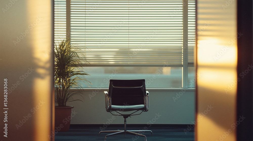 Poster empty office chair: the image features an empty office chair placed in front of a window with sunlig