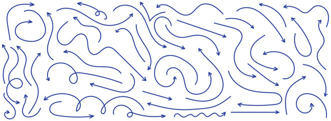 Set of blue hand-drawn arrow signs or symbols. Blue hand drawn arrow doodles. Blue hand drawn arrow elements. Blue Arrow design.