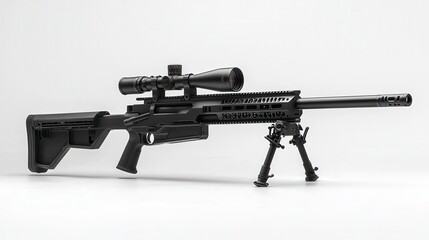 Precision rifle with bipod and scope on a neutral background.