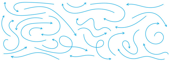 Hand drawn arrow vector icons set. Set of simple lines hand drawn blue arrows in various style. Set of simple of hand drawn blue arrows. Set of simple lines hand drawn blue arrows.
