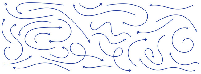  Hand-drawn arrow vector icons set. A set of simple lines hand hand-drawn blue arrows in various styles. Set of simple of hand drawn blue arrows.