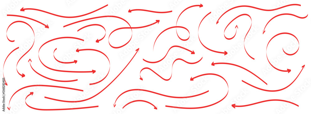 Poster a vector set of red arrows pointing in different directions. hand-drawn, doodle elements isolated on