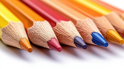 Obraz premium Close-up of sharpened colored pencils arranged in gradient, displaying vibrant hues.