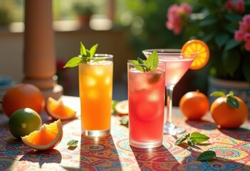 vibrant summer cocktails showcased colorful table setting fruit garnishes refreshing garnishes, beverage, drink, glass, ice, lemon, lime, orange, berry, mint