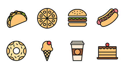 Colorful flat outline icons of various fast food items