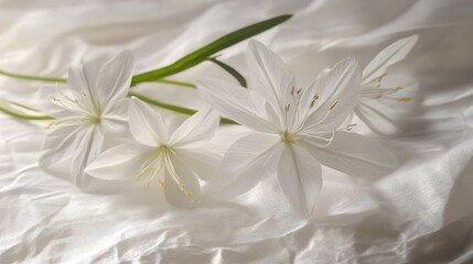 Obraz premium Soft White Flowers Arranged on Silky Fabric with Gentle Light, Perfect for Nature and Floral Themes in Photography and Art Projects
