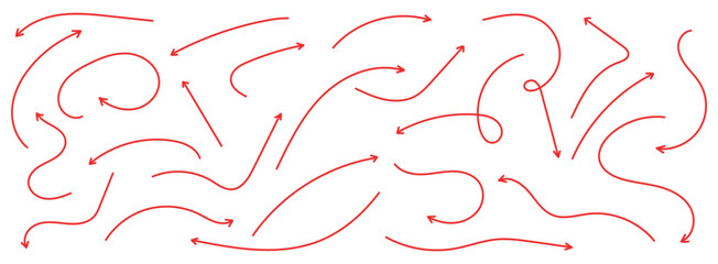 Red Curved arrows: A set of hand-drawn vector arrows. Collection of pointers. Set of hand-drawn red vector arrows doodle arrow vector illustration on a white background