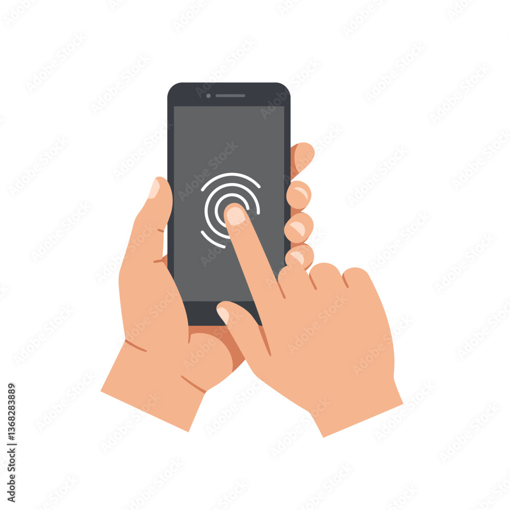 Poster hands interacting with smartphone touch screen in flat minimal vector art