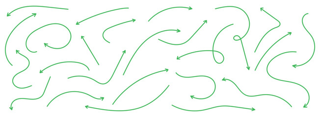 curved arrows isolated on white background. Curved arrows, hand drawn curved arrows. Set long Green curve arrow icon vector set. long arrow icon set. curve arrow vector. Green curve arrow set.