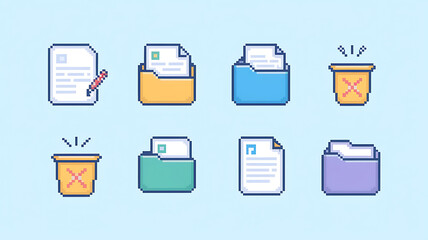 Pixel art icons: documents folders and trash Office file management digital storage