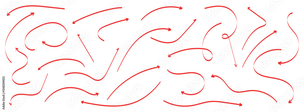 Poster a vector set of red arrows pointing in different directions. hand-drawn, doodle elements isolated on
