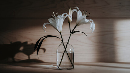 Delicate white lilies in a clear vase natural light wooden background