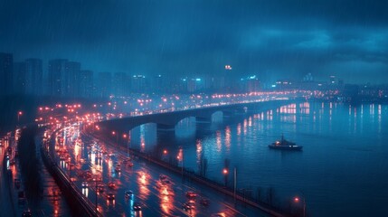 Fototapeta premium Rainy Night Cityscape: Tranquil River Reflections