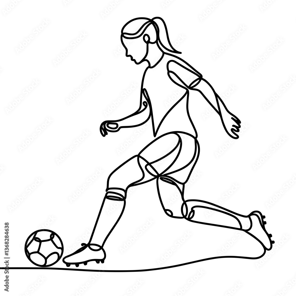 Poster female soccer player executing a kick in a linear style