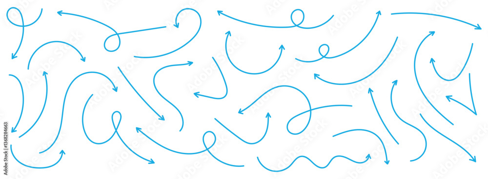 Poster hand drawn arrow vector icons set. set of simple lines hand drawn blue arrows in various style. set 