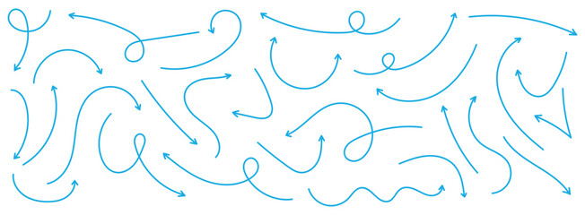Fototapeta premium Hand drawn arrow vector icons set. Set of simple lines hand drawn blue arrows in various style. Set of simple of hand drawn blue arrows. Set of simple lines hand drawn blue arrows. 