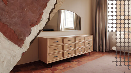 Beige dresser in a room with a textured wall arched mirror and terracotta tile floor