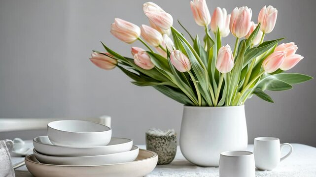 A minimalist Easter table setting styled with white ceramics and soft pink tulips. background