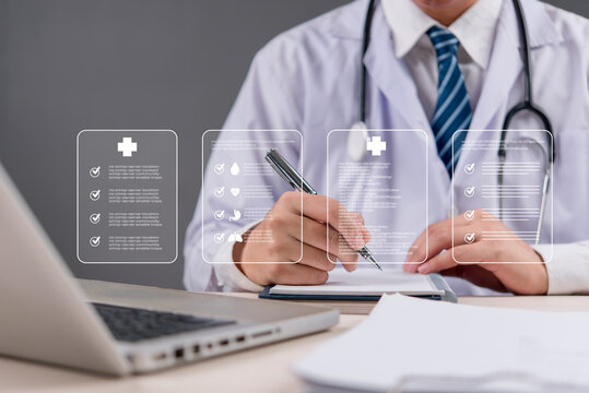 Medical professional recording patient data using advanced digital interface, healthcare technology, AI, diagnostics, hospital record system, online health platform.