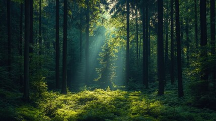 Obraz premium Enchanted Forest: Sunbeams Dance Through Ancient Trees