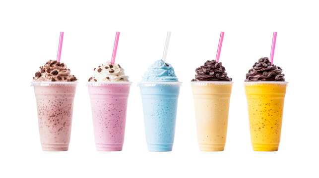 Colorful milkshake variations assortment flavors, smoothie flavors, cut out transparent