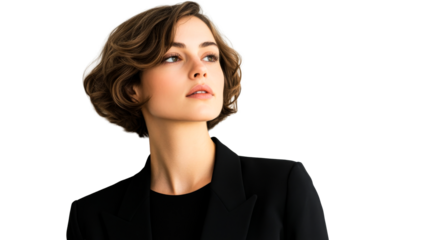 Pensive woman in black jacket looking up, isolated portrait, cut out transparent