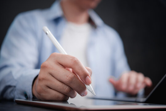 Digital pen usage on touch screen, online approval, paperless document, smart tech, remote working and electronic signature interface concept.